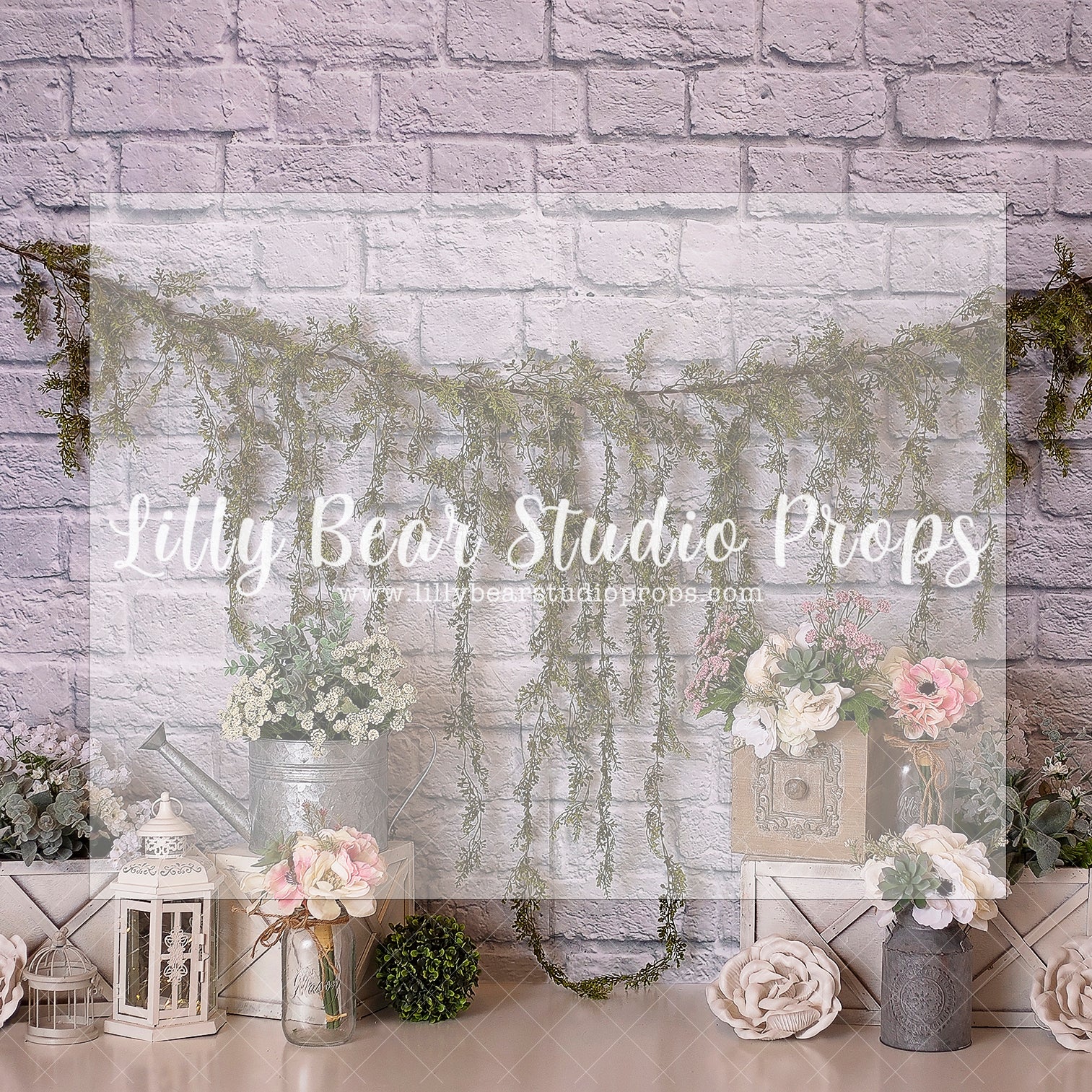 LAVENDER BRICK AND PETALS - Lilly Bear Studio Props, floral, floral and lace, floral garden, garden tea party, girls, girls birthday, glitter, green garland, lantern, peach flowers, pink flowers, spanish moss, tea party, water can, watering can, Wrinkle Free Fabric, yellow daisies