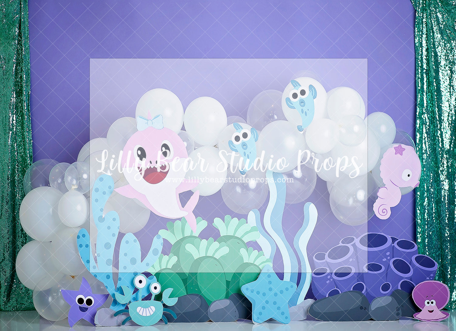 Baby Sharks Playdate - Lilly Bear Studio Props, baby girl shark, baby shark, baby shark balloon, blue balloons, coral, coral reef, coral sand, Fabric, girl shark, jaws, mommy shark, ocean, pink shark, shark, shark baby, shark girl, sharks, sharky, under the ocean, under the sea, under the sea girl, under water, undersea, underwater, underwater bubbles, Wrinkle Free Fabric