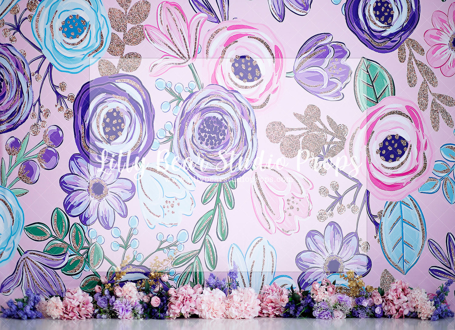FLORALUNA - Lilly Bear Studio Props, floral, floral and lace, floral garden, girls, girls birthday, glitter, lantern, pink and purple, pink and purple floral, pink flowers, purple flowers, Wrinkle Free Fabric, yellow daisies