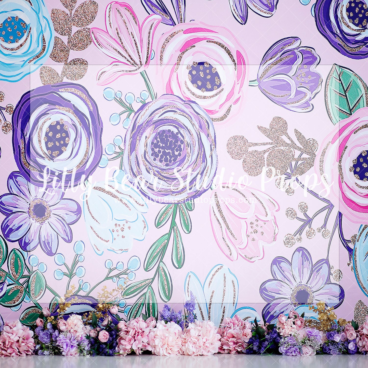 FLORALUNA - Lilly Bear Studio Props, floral, floral and lace, floral garden, girls, girls birthday, glitter, lantern, pink and purple, pink and purple floral, pink flowers, purple flowers, Wrinkle Free Fabric, yellow daisies
