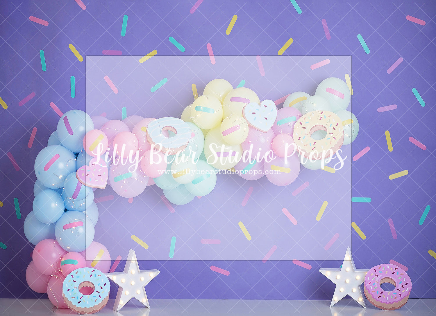 With Sprinkles Please - Lilly Bear Studio Props, donut, donut balloons, donut group up, donut growup, donut party, donuts, pastel, pastel balloon garland, pastel balloon wall, pastel balloons, pastel blue, pastel donuts, pastel garland, pastel green, pastel pink, pastel purple, pastel rainbow, pastel yellow, pink donuts, purple pastel balloons, rainbow sprinkles, sprinkle donuts, sprinkles, Wrinkle Free Fabric