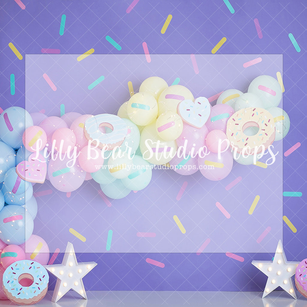 With Sprinkles Please - Lilly Bear Studio Props, donut, donut balloons, donut group up, donut growup, donut party, donuts, pastel, pastel balloon garland, pastel balloon wall, pastel balloons, pastel blue, pastel donuts, pastel garland, pastel green, pastel pink, pastel purple, pastel rainbow, pastel yellow, pink donuts, purple pastel balloons, rainbow sprinkles, sprinkle donuts, sprinkles, Wrinkle Free Fabric