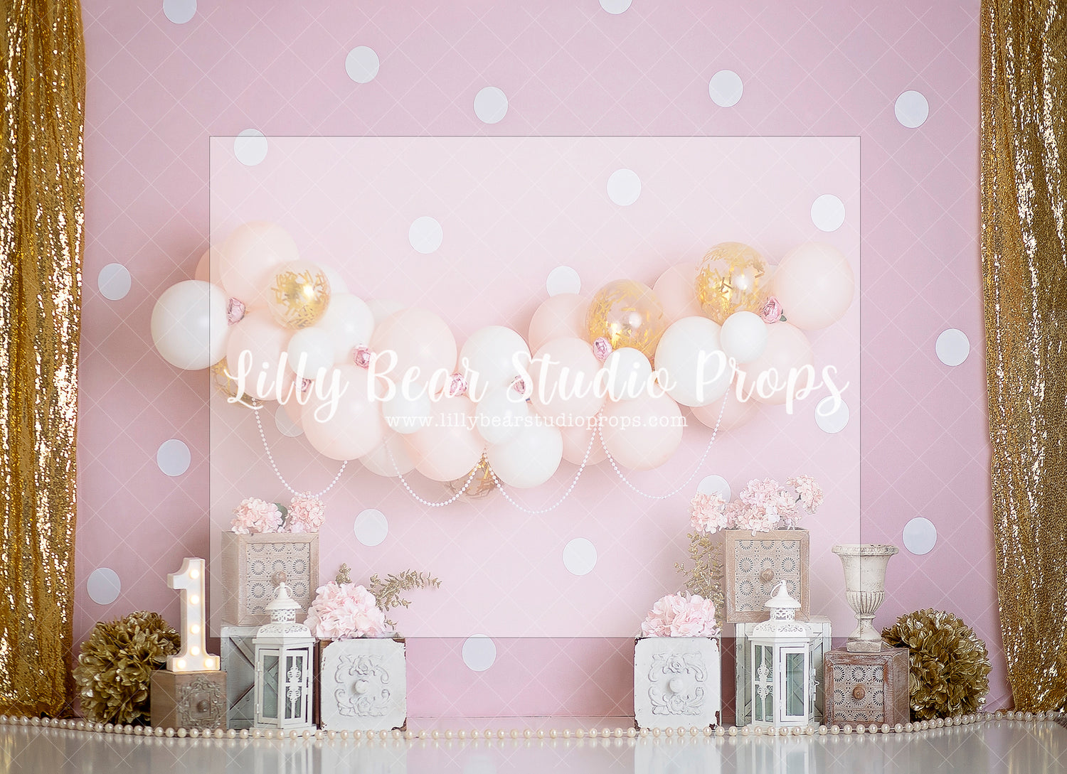 PINK, GOLD, AND BLOOMS - Lilly Bear Studio Props, doors, floral, floral and lace, floral garden, girls, girls birthday, gold confetti balloons, lantern, peach flower, pearls, pink floral, polka dot, Wrinkle Free Fabric
