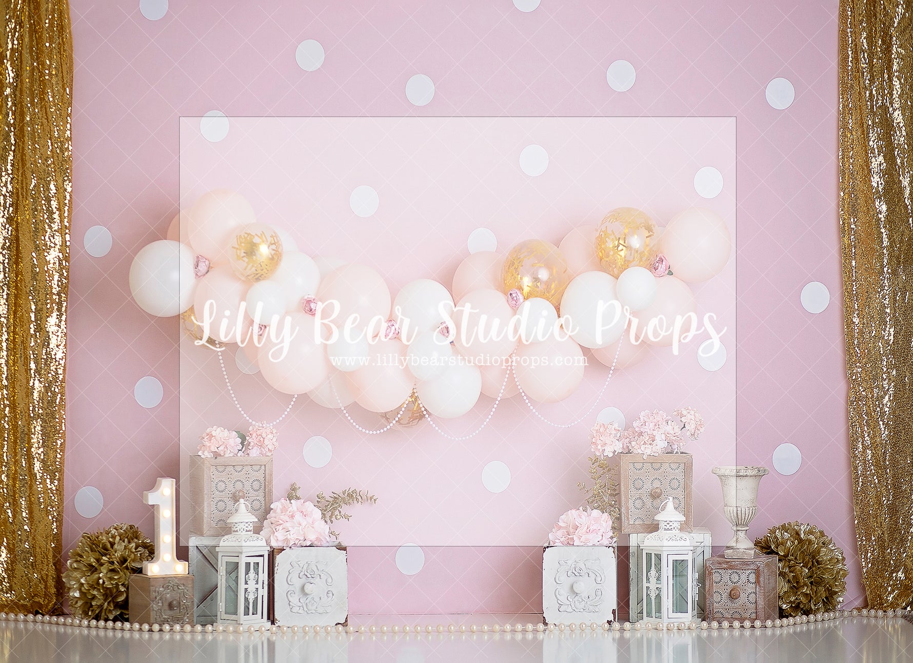 PINK, GOLD, AND BLOOMS - Lilly Bear Studio Props, doors, floral, floral and lace, floral garden, girls, girls birthday, gold confetti balloons, lantern, peach flower, pearls, pink floral, polka dot, Wrinkle Free Fabric