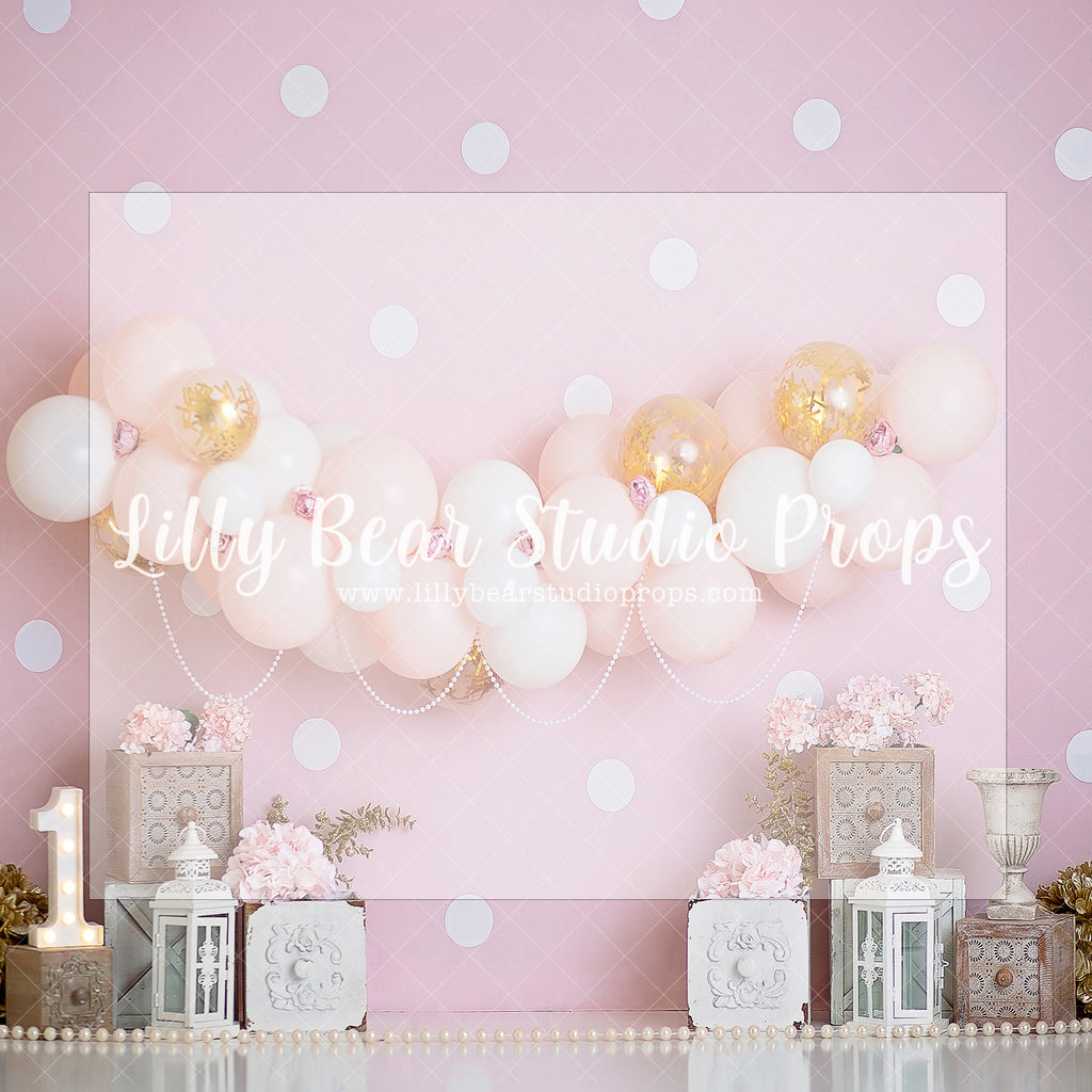PINK, GOLD, AND BLOOMS - Lilly Bear Studio Props, doors, floral, floral and lace, floral garden, girls, girls birthday, gold confetti balloons, lantern, peach flower, pearls, pink floral, polka dot, Wrinkle Free Fabric