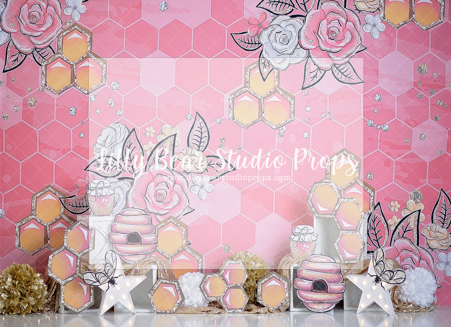 Honeycombs & Blooms - Lilly Bear Studio Props, bee, bee hive, bees, busy bee, happy bee day, honey, honey bees, honey comb, honey comb nest, honey flower, honey jar, honey pot, pink and gold, pink honey, pink roses, spring bee