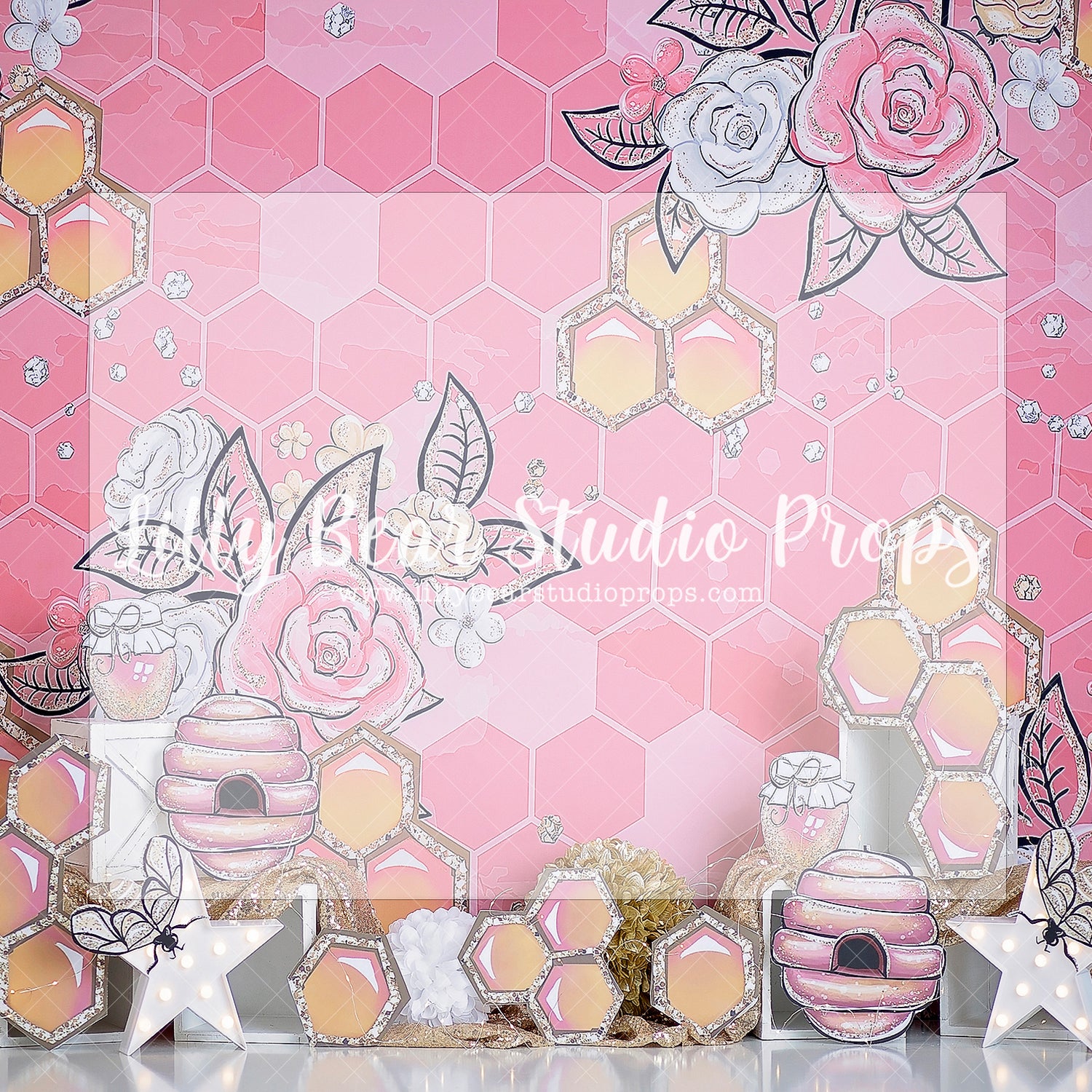 Honeycombs & Blooms - Lilly Bear Studio Props, bee, bee hive, bees, busy bee, happy bee day, honey, honey bees, honey comb, honey comb nest, honey flower, honey jar, honey pot, pink and gold, pink honey, pink roses, spring bee