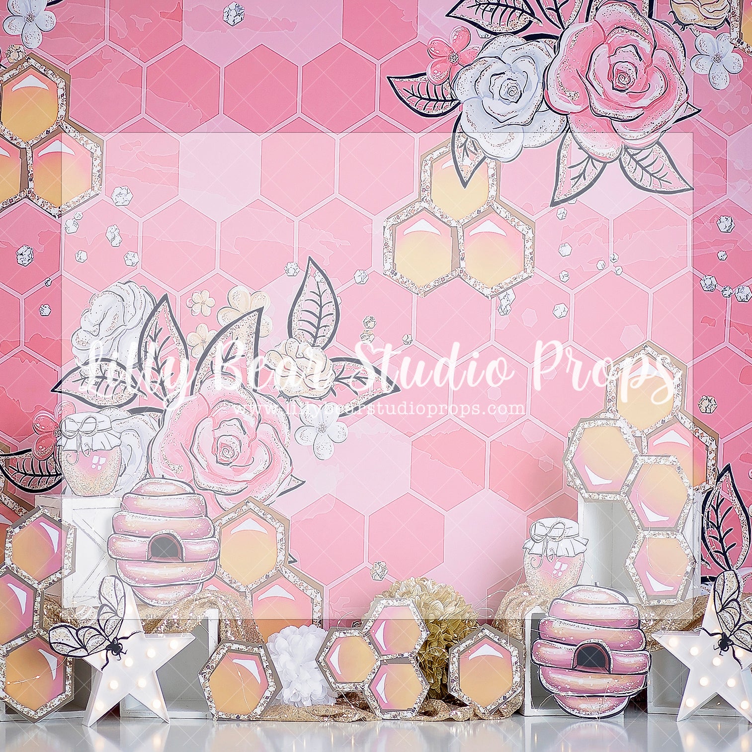 Honeycombs & Blooms - Lilly Bear Studio Props, bee, bee hive, bees, busy bee, happy bee day, honey, honey bees, honey comb, honey comb nest, honey flower, honey jar, honey pot, pink and gold, pink honey, pink roses, spring bee