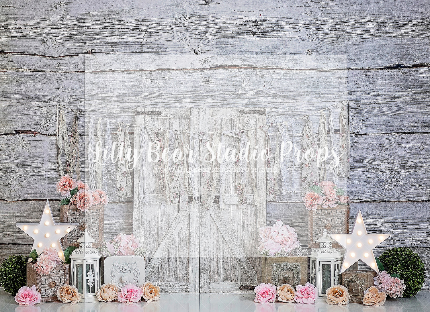 SHABBY LATERNS AND BLOOMS - Lilly Bear Studio Props, doors, floral, floral and lace, floral garden, garden tea party, girls, girls birthday, glitter, green garland, lantern, peach flowers, pink flowers, spanish moss, tea party, water can, watering can, Wrinkle Free Fabric