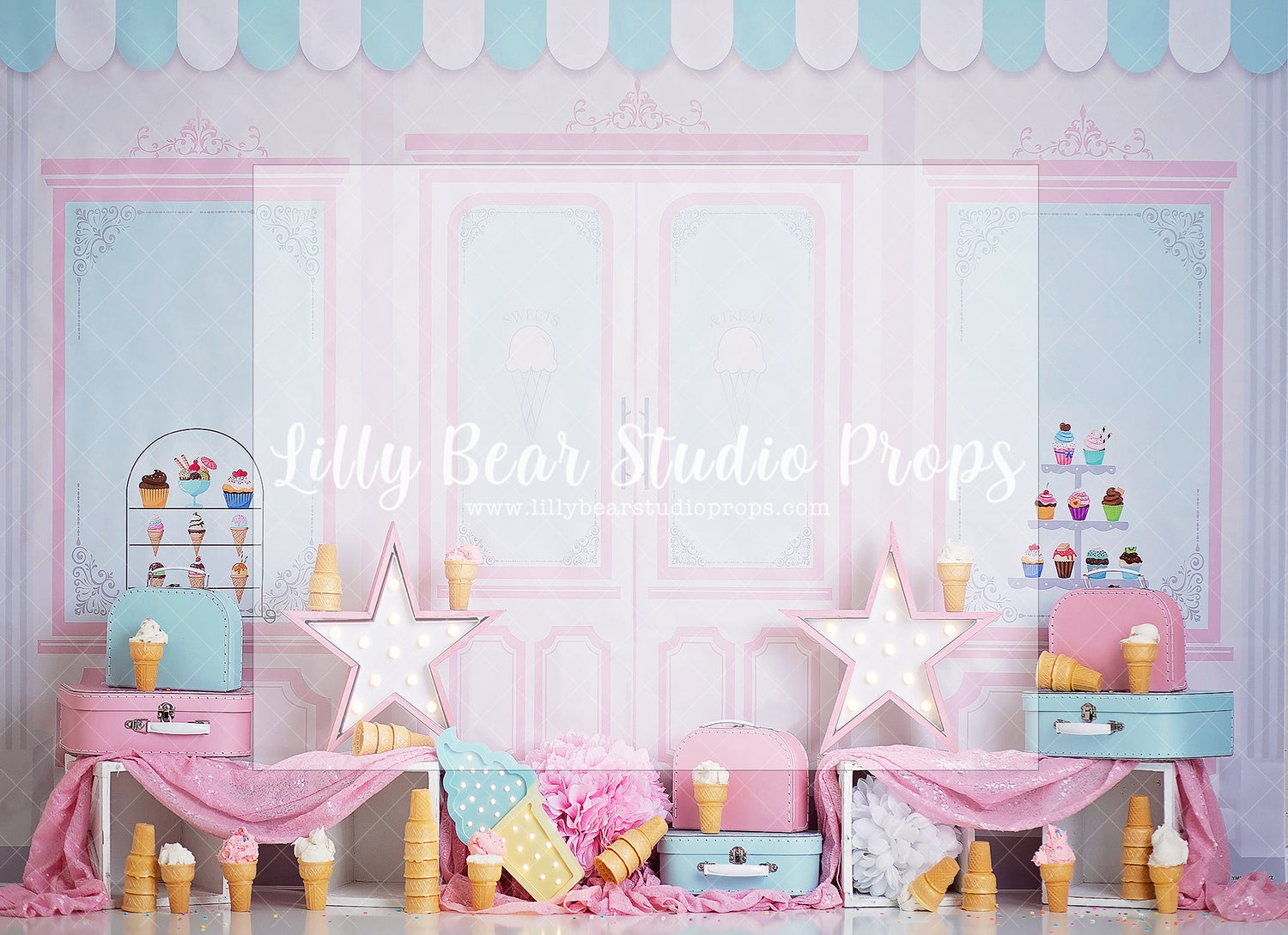 My Favourite Flavours - Lilly Bear Studio Props, creamy ice cream, cupcake, cupcake booth, cupcakes, ice cream, ice cream cart, ice cream gelato, Ice cream parlor, ice cream parlour, ice cream shop, ice cream shoppe, ice cream stand, ice cream truck, pastel, pastel blue, pastel donuts, pastel garland, pastel green, pastel pink, pastel purple, pastel rainbow, pastel yellow, pink stars, rainbow sprinkles, sprinkles, Wrinkle Free Fabric