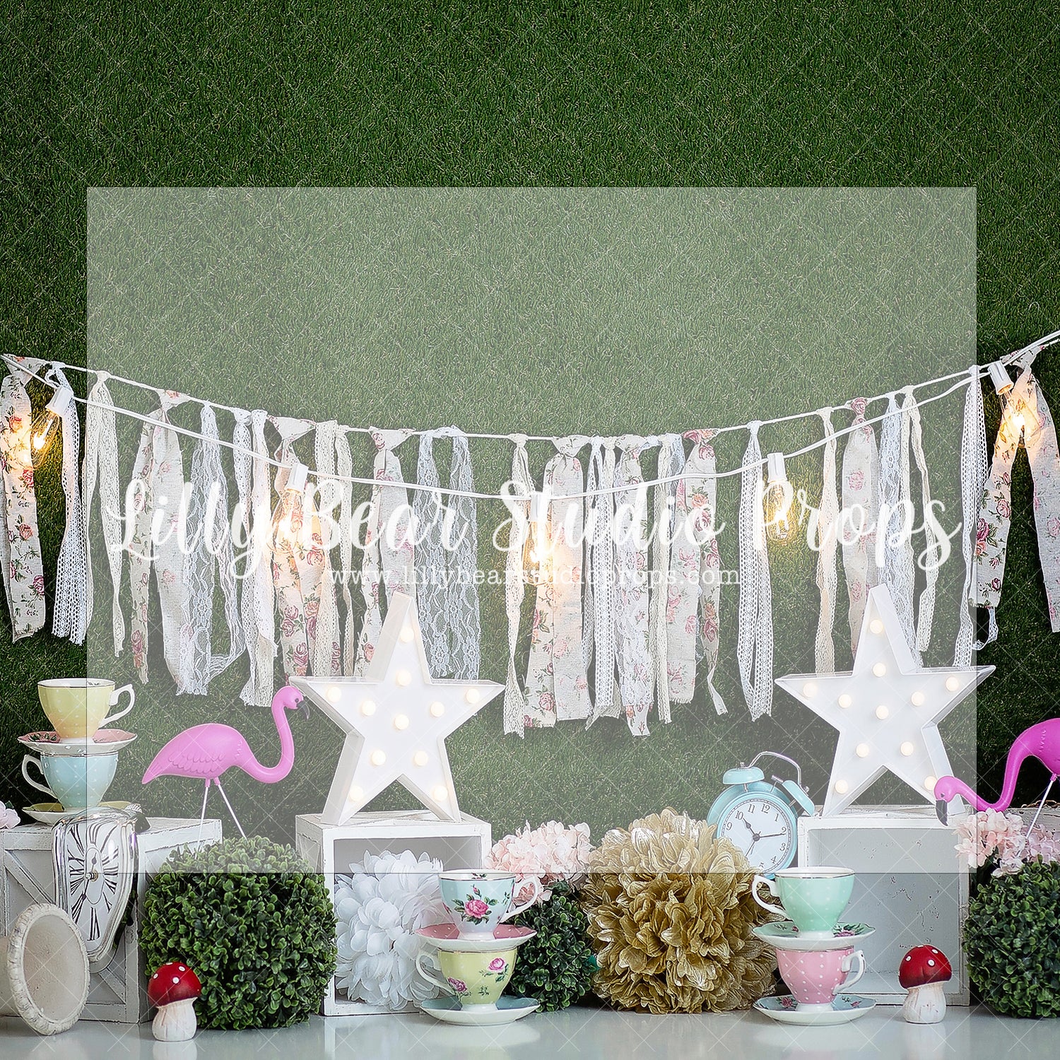 TEA TIME WITH THE FLOCK - Lilly Bear Studio Props, boxwood, boxwood bush, boxwood wall, doors, flamingo, flamingos, floral, floral and lace, floral garden, garden, garden tea party, girls, girls birthday, glitter, green garland, high tea, lantern, peach flowers, pink flamingo, pink flowers, spanish moss, tea cup, tea cups, tea party, tea time, water can, watering can, Wrinkle Free Fabric