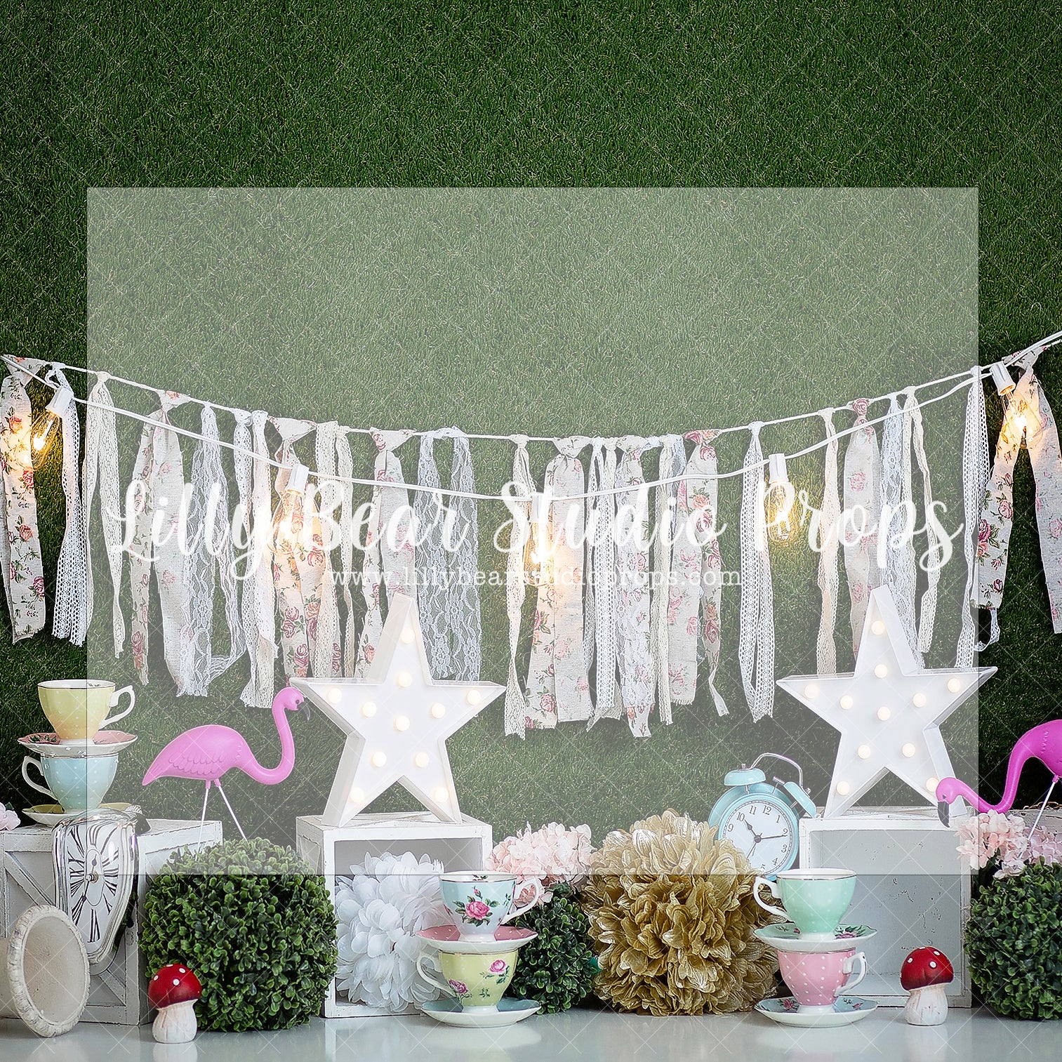 TEA TIME WITH THE FLOCK - Lilly Bear Studio Props, boxwood, boxwood bush, boxwood wall, doors, flamingo, flamingos, floral, floral and lace, floral garden, garden, garden tea party, girls, girls birthday, glitter, green garland, high tea, lantern, peach flowers, pink flamingo, pink flowers, spanish moss, tea cup, tea cups, tea party, tea time, water can, watering can, Wrinkle Free Fabric