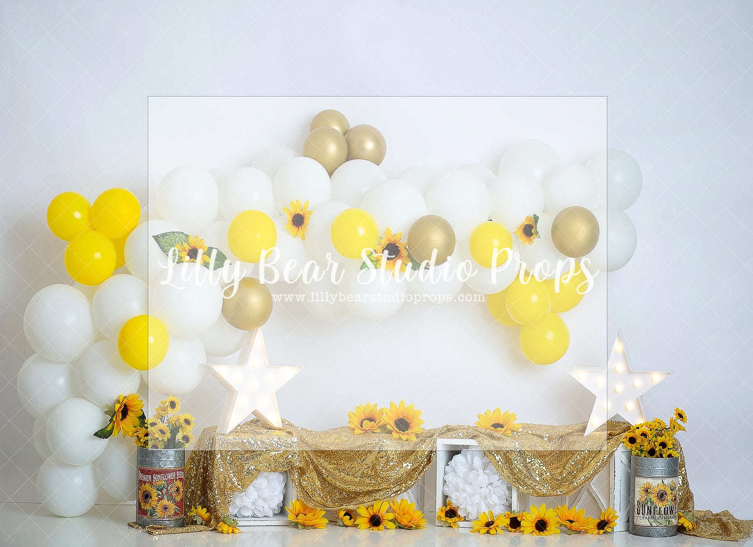 Bright Bumbling Sunflowers - Lilly Bear Studio Props, daisies, doors, floral, floral and lace, floral garden, girls, girls birthday, lantern, sunflowers, Wrinkle Free Fabric, yellow daisies, yellow flowers
