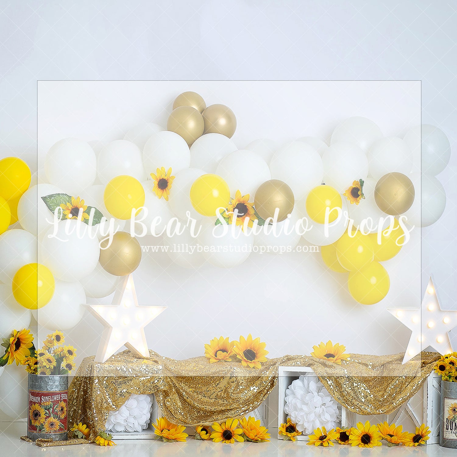Bright Bumbling Sunflowers - Lilly Bear Studio Props, daisies, doors, floral, floral and lace, floral garden, girls, girls birthday, lantern, sunflowers, Wrinkle Free Fabric, yellow daisies, yellow flowers