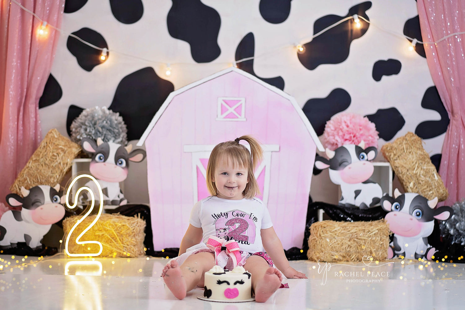 Cow Girl - Lilly Bear Studio Props, 101 puppies, animal farm, barn, cow, cows, farm, farmer, hay, pink barn, scarecrow, Wrinkle Free Fabric