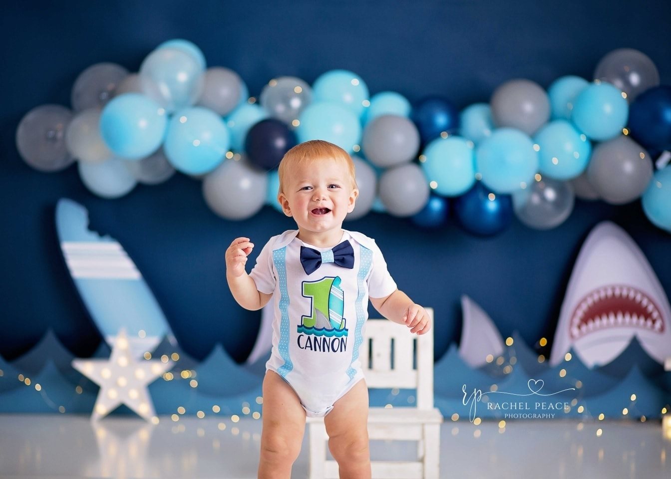 A Party For Jaws - Lilly Bear Studio Props, baby shark, baby shark balloon, blue balloon, blue balloon garland, blue balloon wall, blue balloons, Fabric, jaws, ocean, shark, shark baby, shark girl, sharks, sharky, Wrinkle Free Fabric