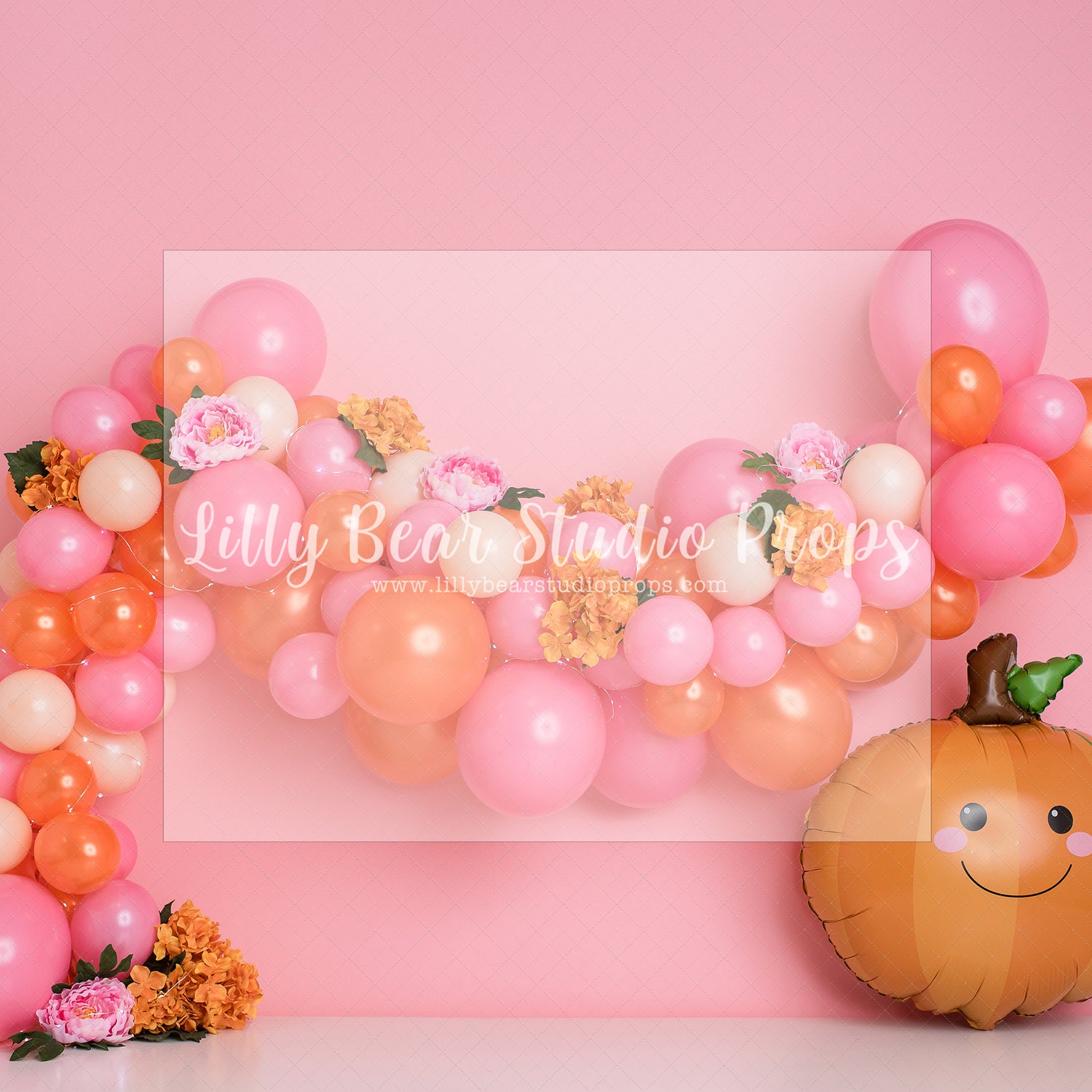 Peachy Pumpkin by E Newton - Lilly Bear Studio Props, lil pumpkin, lil' peach, one little peach, one sweet peach, orange pumpkin, peach, peach balloons, peach flower, peach flowers, peaches, peaches & cream, peachy, pink and orange, pink and orange balloon garland, pink pumpkin, Sweet as a peach, sweet little peach, sweet peaches