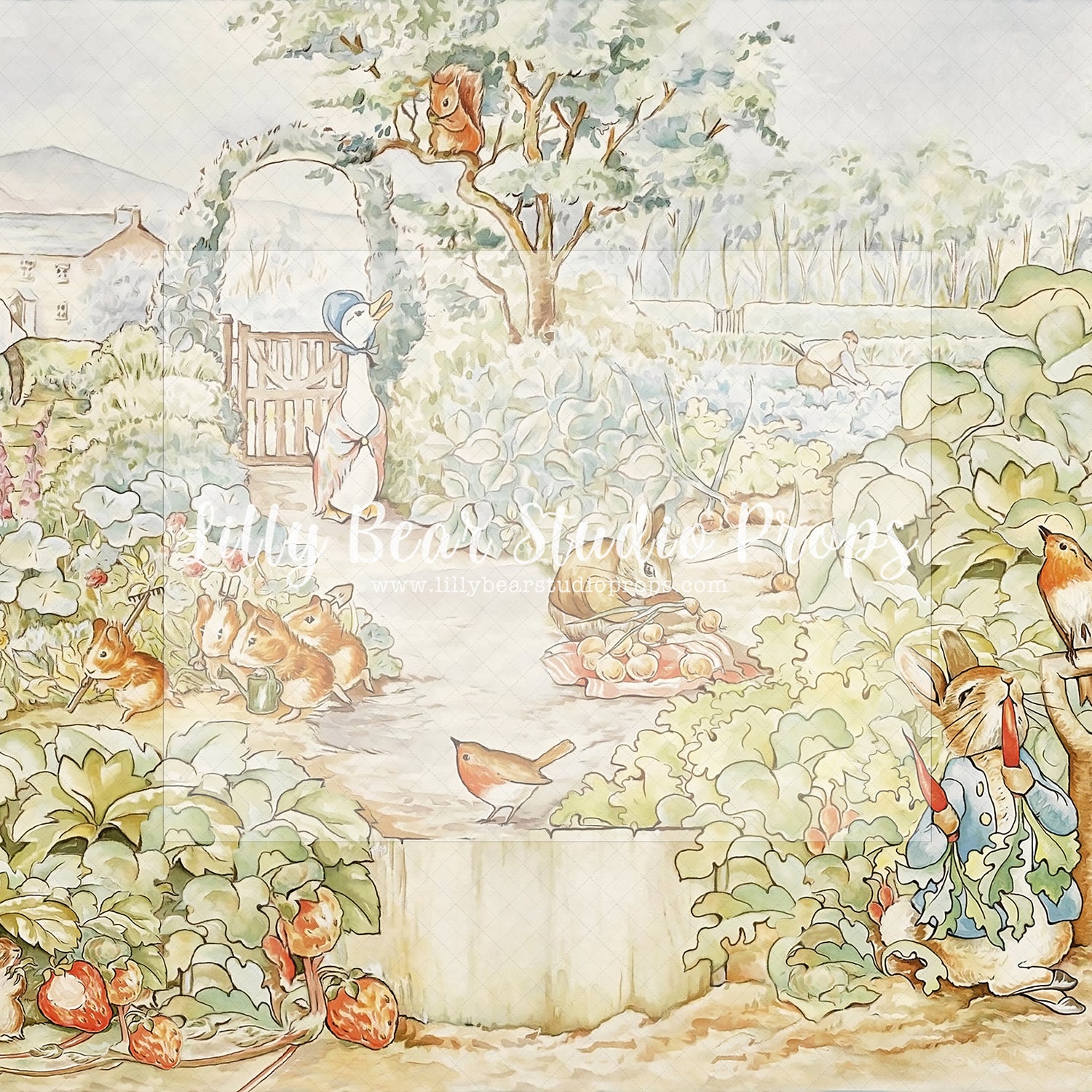 Peter's Garden - Lilly Bear Studio Props, barn door, bunny, bunny garden, bunny one, carrot, carrot garden, carrots, easter, easter backdrop, easter basket, easter bunny, easter eggs, easter garden, FABRICS, floral garden, Peter Rabbit, spring, spring garden