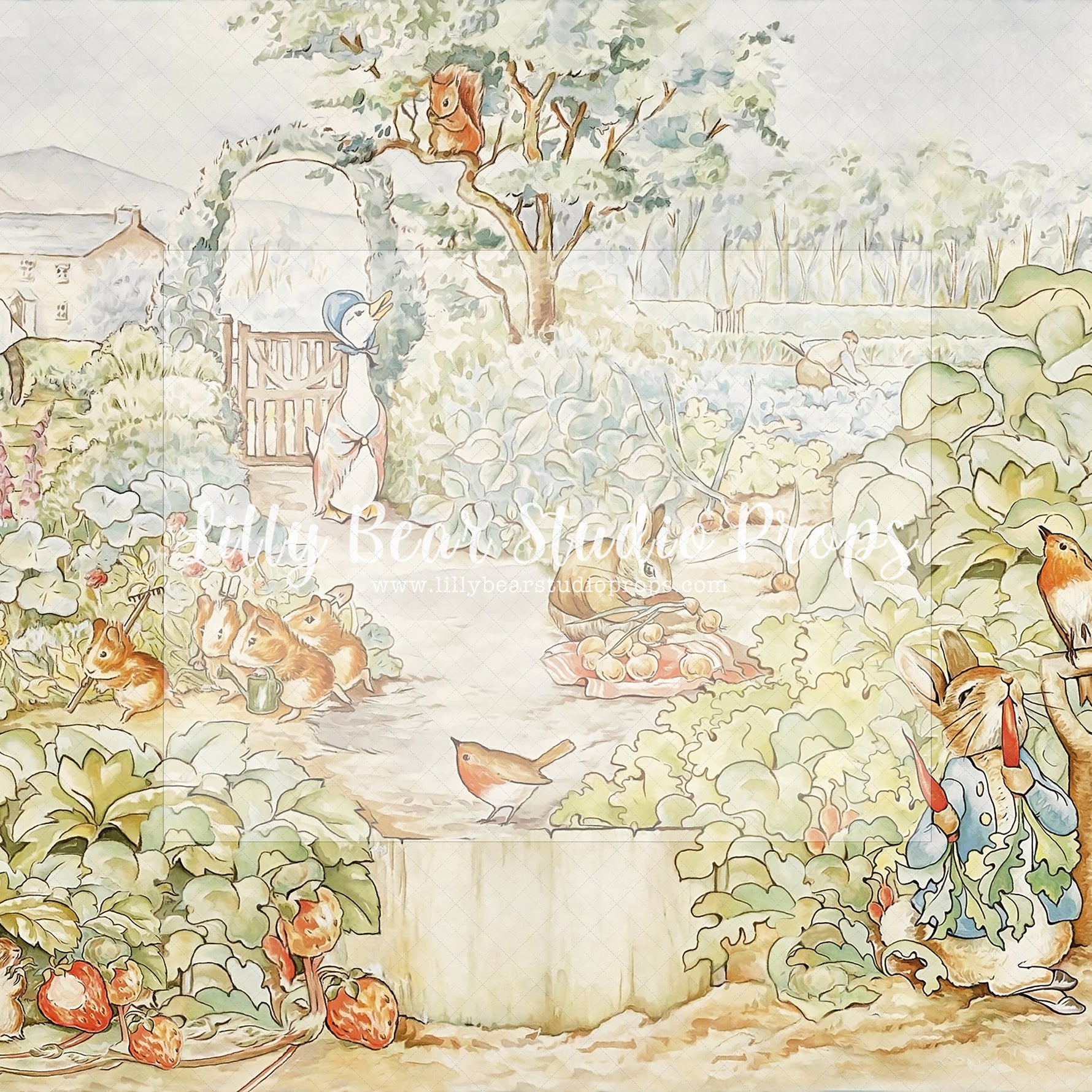 Peter's Garden - Lilly Bear Studio Props, barn door, bunny, bunny garden, bunny one, carrot, carrot garden, carrots, easter, easter backdrop, easter basket, easter bunny, easter eggs, easter garden, FABRICS, floral garden, Peter Rabbit, spring, spring garden
