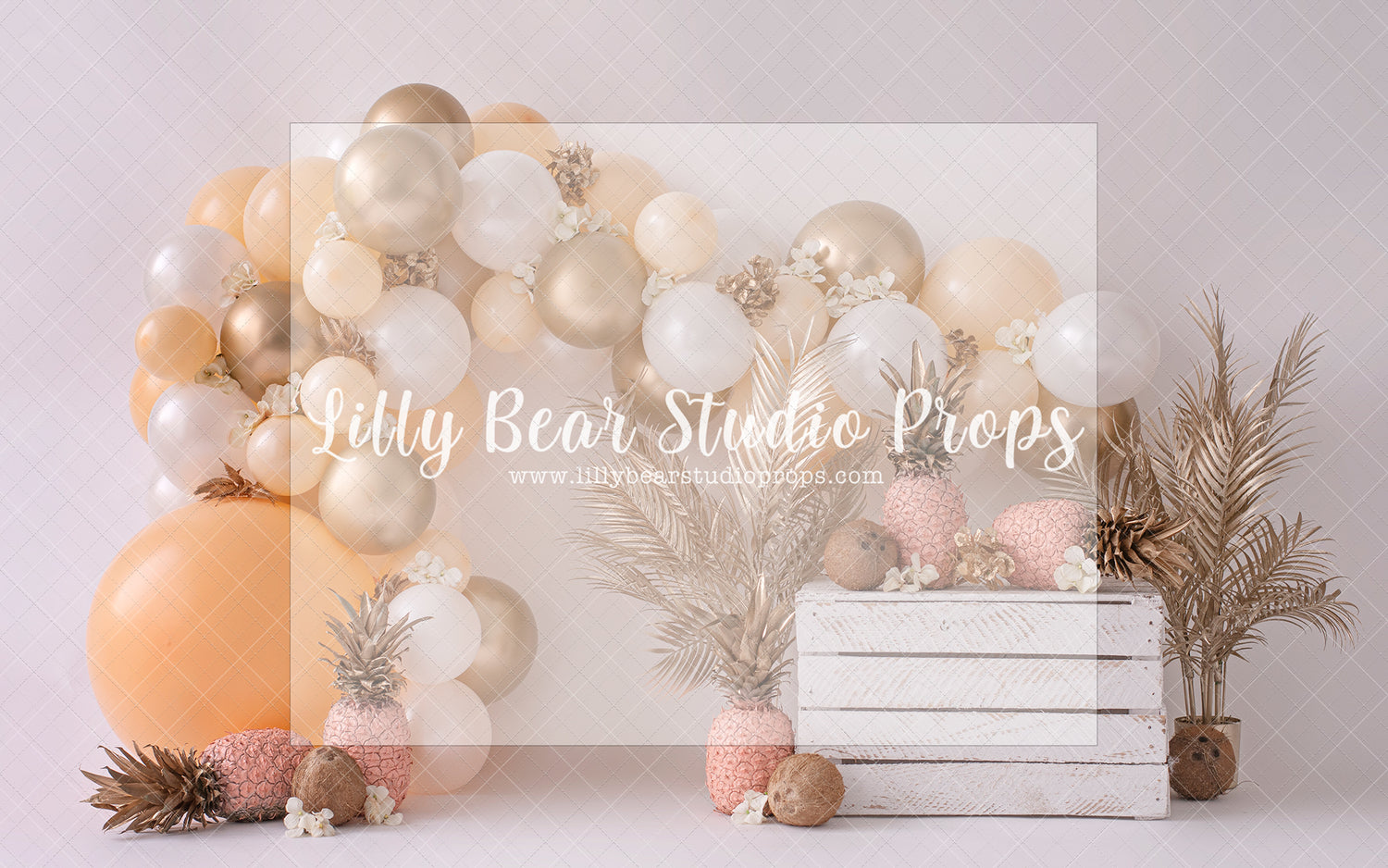 Pineapple Balloon Design - Lilly Bear Studio Props, balloon arch, boho greenery, cake smash, floral, floral pink, flowers, green balloons, greenery, orange bal, orange balloons, pastel, peach balloons, pink floral, pink flower, pink flowers, spring flowers, white balloon arch, white balloons