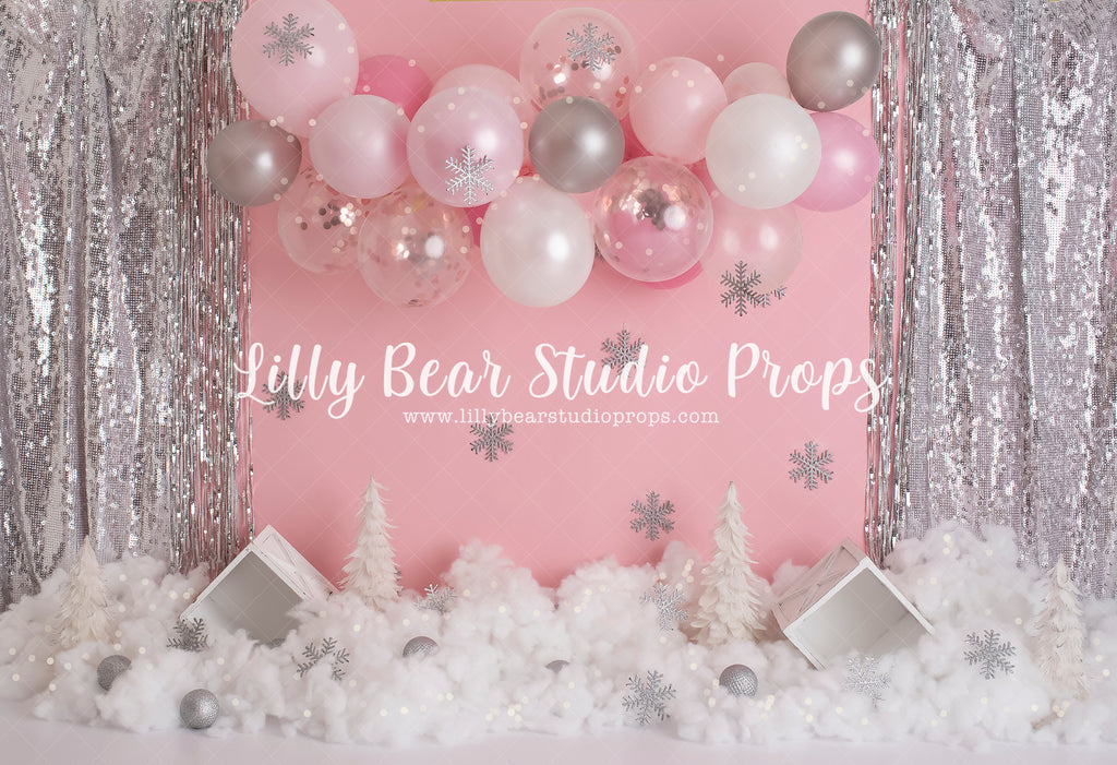 Pink Balloon Winter Wonderland - Lilly Bear Studio Props, balloon, balloon chic, balloon garland, balloon wall, balloons, FABRICS, girl balloons, girls, metallic balloon, metallic balloons, metallic pink balloons, onderland, one-derland, pastel balloon garland, pink and white balloons, pink balloons, seasonal, silver, silver and pink, silver snowflakes, snow, white and pink balloons, winter, winter-onderland