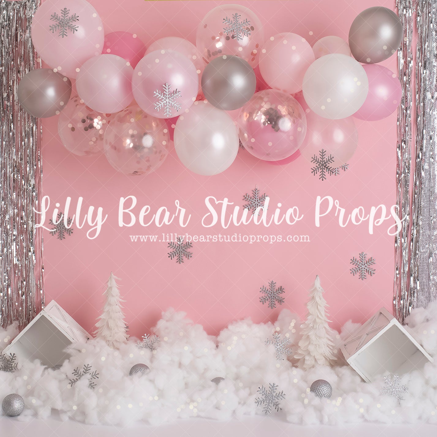 Pink Balloon Winter Wonderland - Lilly Bear Studio Props, balloon, balloon chic, balloon garland, balloon wall, balloons, FABRICS, girl balloons, girls, metallic balloon, metallic balloons, metallic pink balloons, onderland, one-derland, pastel balloon garland, pink and white balloons, pink balloons, seasonal, silver, silver and pink, silver snowflakes, snow, white and pink balloons, winter, winter-onderland