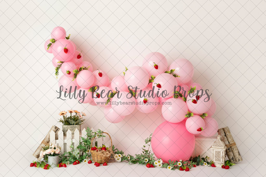 Pink Balloons with Daisies & Strawberries - Lilly Bear Studio Props, balloon rainbow, daisies, flamingo, flamingo floral, glitter rainbow, gold rainbow, palm leaves, pastel rainbow, pink balloon garland, pink balloons, pink flamingo, pink rainbow, strawberries & cream, strawberry, strawberry basket, strawberry farm, strawberry field, strawberry fields, strawberry picking, strawberry seeds, strawberry shortcake, white daisies