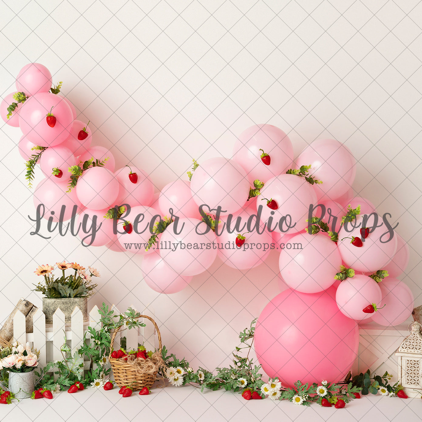 Pink Balloons with Daisies & Strawberries - Lilly Bear Studio Props, balloon rainbow, daisies, flamingo, flamingo floral, glitter rainbow, gold rainbow, palm leaves, pastel rainbow, pink balloon garland, pink balloons, pink flamingo, pink rainbow, strawberries & cream, strawberry, strawberry basket, strawberry farm, strawberry field, strawberry fields, strawberry picking, strawberry seeds, strawberry shortcake, white daisies