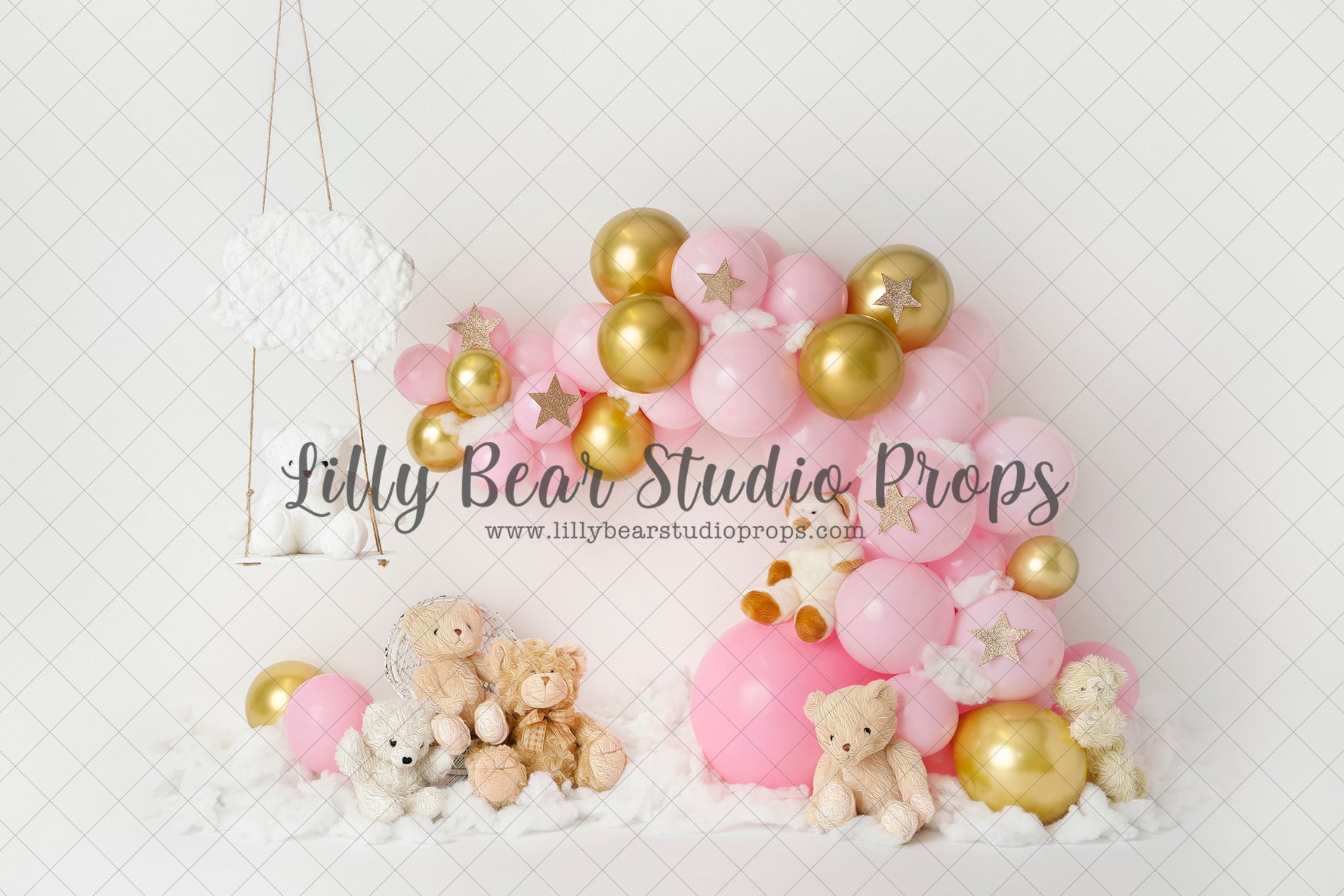 Pink Bears with Gold Stars - Lilly Bear Studio Props, balloon rainbow, glitter rainbow, gold balloons, gold moon, gold moon and stars, gold moon and stars balloons, gold rainbow, gold stars, pastel rainbow, pink and gold, pink and gold balloons, pink and gold garland, pink balloons, pink rainbow, teddies, teddy bears, twinkle twinkle, twinkle twinkle little star