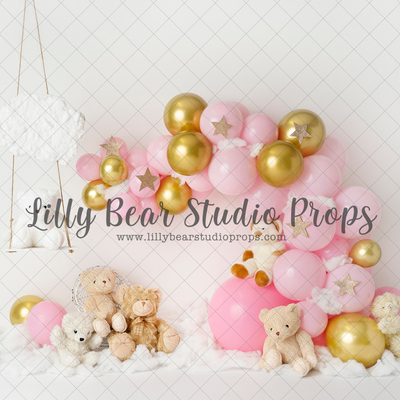 Pink Bears with Gold Stars - Lilly Bear Studio Props, balloon rainbow, glitter rainbow, gold balloons, gold moon, gold moon and stars, gold moon and stars balloons, gold rainbow, gold stars, pastel rainbow, pink and gold, pink and gold balloons, pink and gold garland, pink balloons, pink rainbow, teddies, teddy bears, twinkle twinkle, twinkle twinkle little star