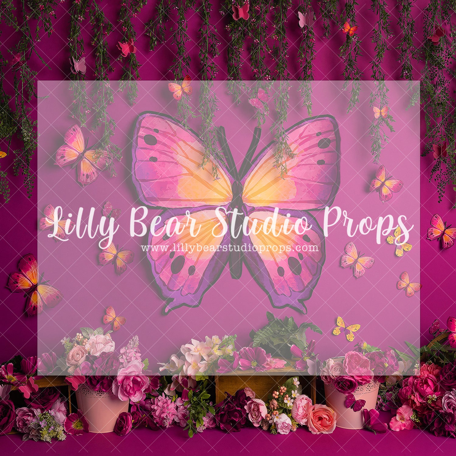 Pink Butterfly Conservatory - Lilly Bear Studio Props, bloom, butterflies, butterfly, butterfly colours, butterfly flowers, butterfly garden, butterfly pink, butterflyland, floral, flower, flowers, flowers vines, green, large flowers, pink butterfly, spring, spring floral, spring flowers, springtime