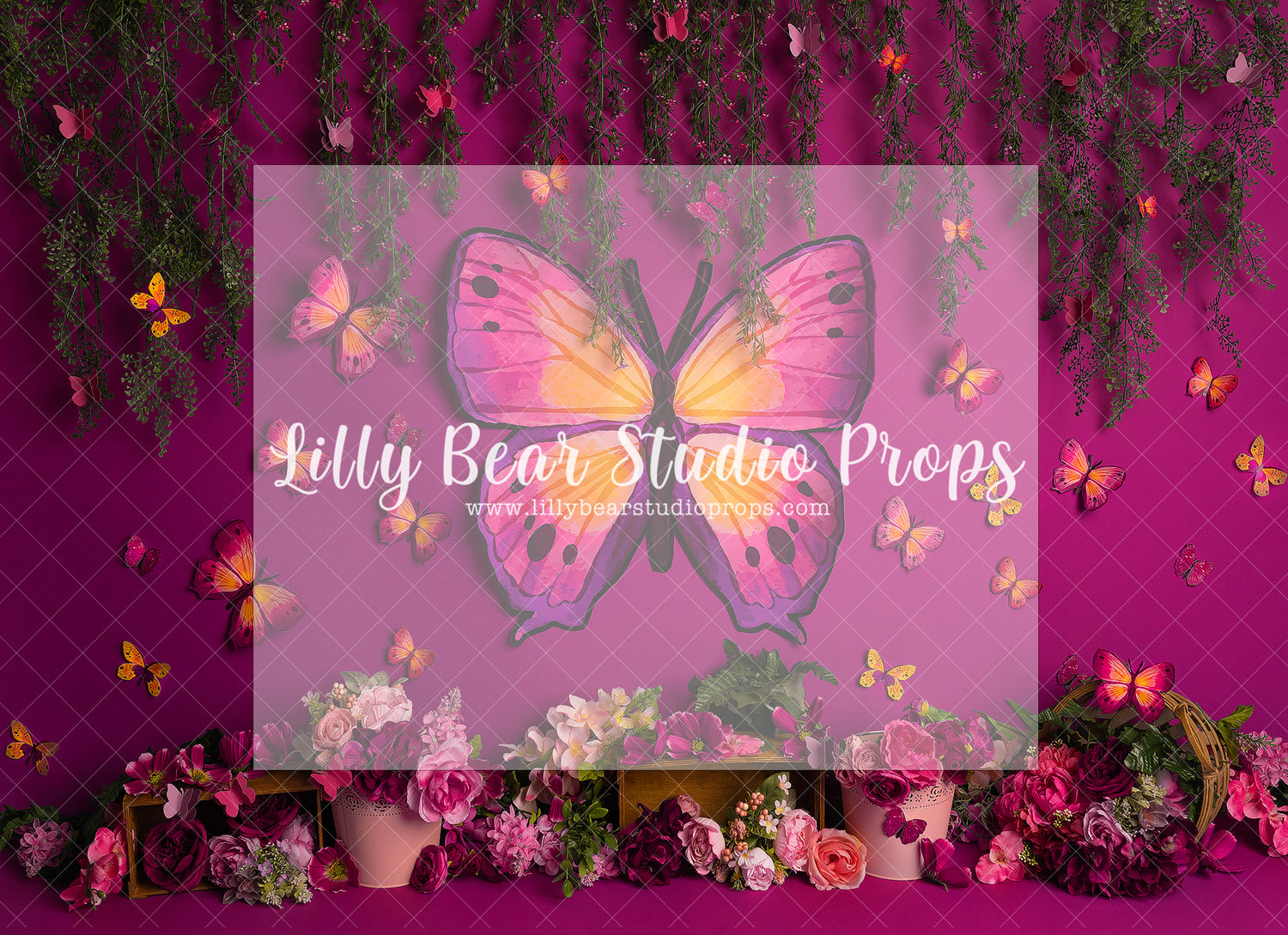 Pink Butterfly Conservatory - Lilly Bear Studio Props, bloom, butterflies, butterfly, butterfly colours, butterfly flowers, butterfly garden, butterfly pink, butterflyland, floral, flower, flowers, flowers vines, green, large flowers, pink butterfly, spring, spring floral, spring flowers, springtime