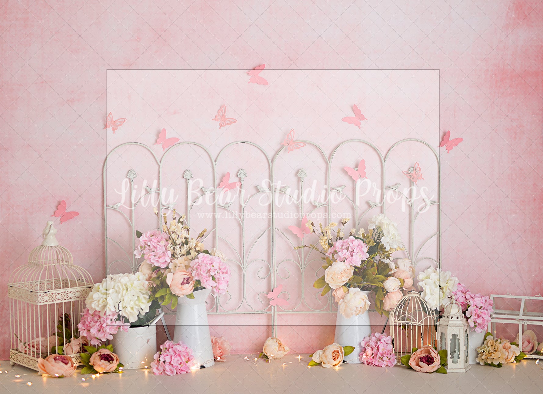 Pink Butterfly Floral by Sweet Little Blessings - Lilly Bear Studio Props, blush roses, blushing, butterflies, butterfly, butterfly flowers, butterfly garden, FABRICS, floral, floral doors, flower garden, girl, paper butterflies, paper flower wall, paper flowers, pastel pink flowers, pink butterflies, pink butterfly, pink flowers, pink rose, pink roses, white doors, windows