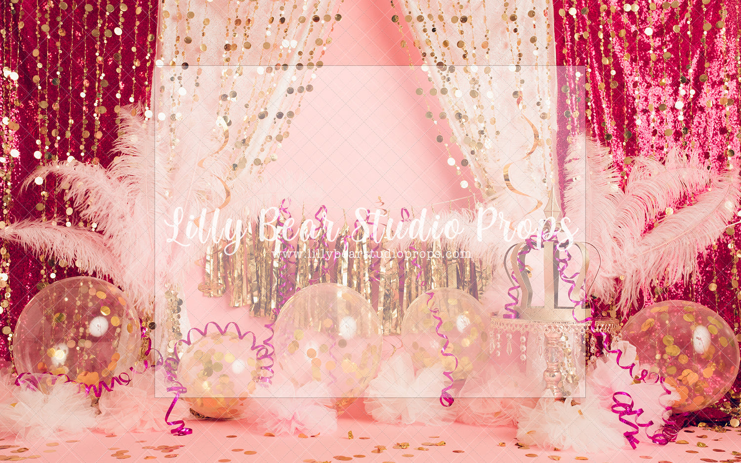 Pink Confetti - Lilly Bear Studio Props, birthday girl, confetti, confetti balloons, gold balloons, gold confetti, gold confetti balloons, gold one, one, pink confetti, pink confetti balloons, tassle banner, tassles, white balloons