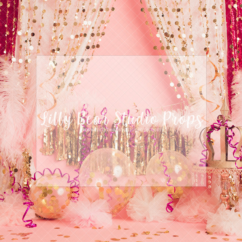Pink Confetti - Lilly Bear Studio Props, birthday girl, confetti, confetti balloons, gold balloons, gold confetti, gold confetti balloons, gold one, one, pink confetti, pink confetti balloons, tassle banner, tassles, white balloons
