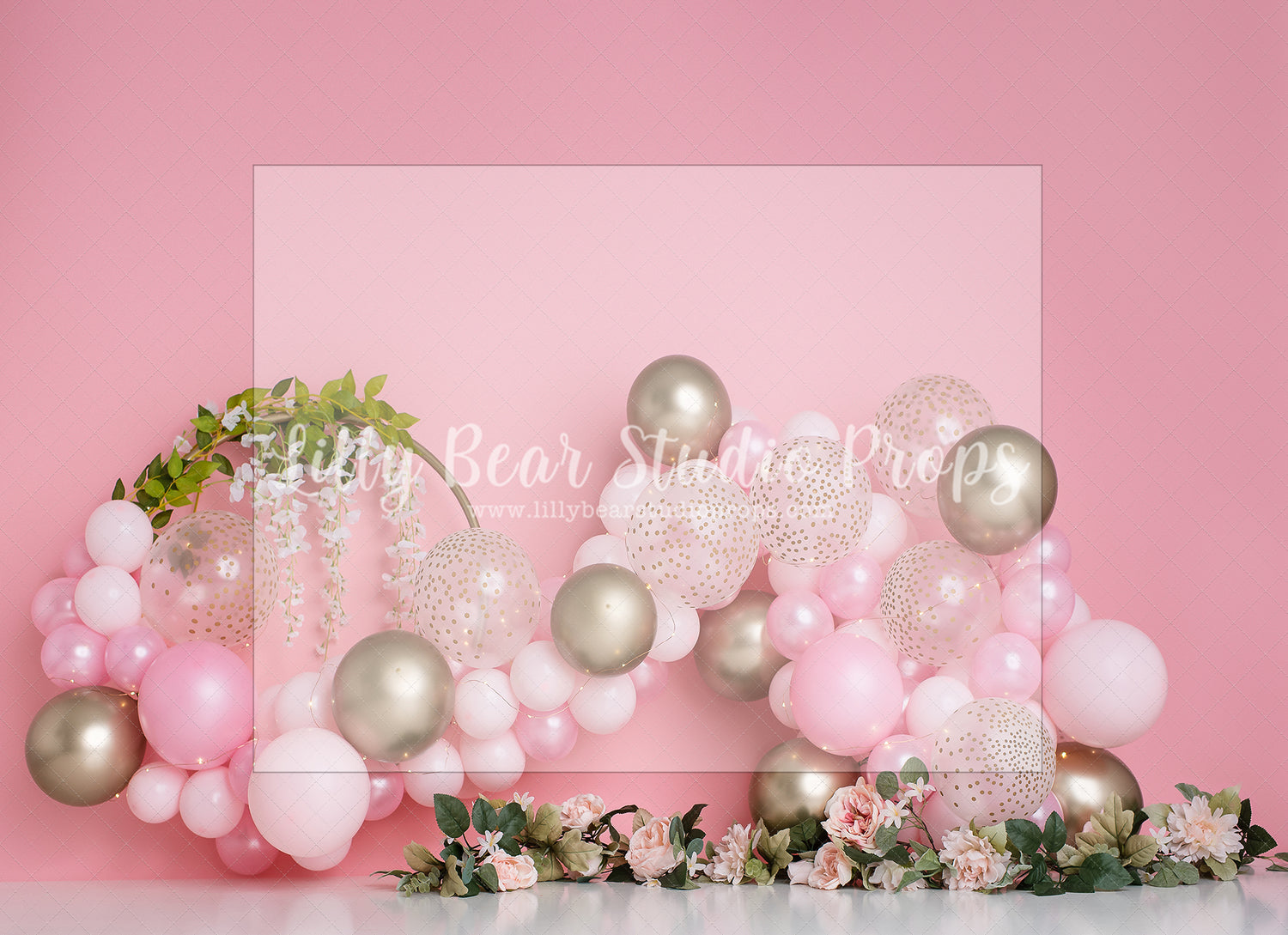 Pink Gold Floral Time by E Newton - Lilly Bear Studio Props, floral balloon garland, floral balloon wall, floral balloons, gold and pink, pink floral, spring floral balloons, white gold and pink
