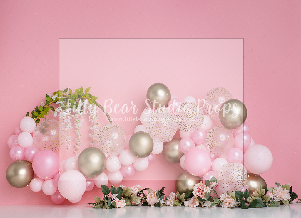 Pink Gold Floral Time by E Newton - Lilly Bear Studio Props, floral balloon garland, floral balloon wall, floral balloons, gold and pink, pink floral, spring floral balloons, white gold and pink