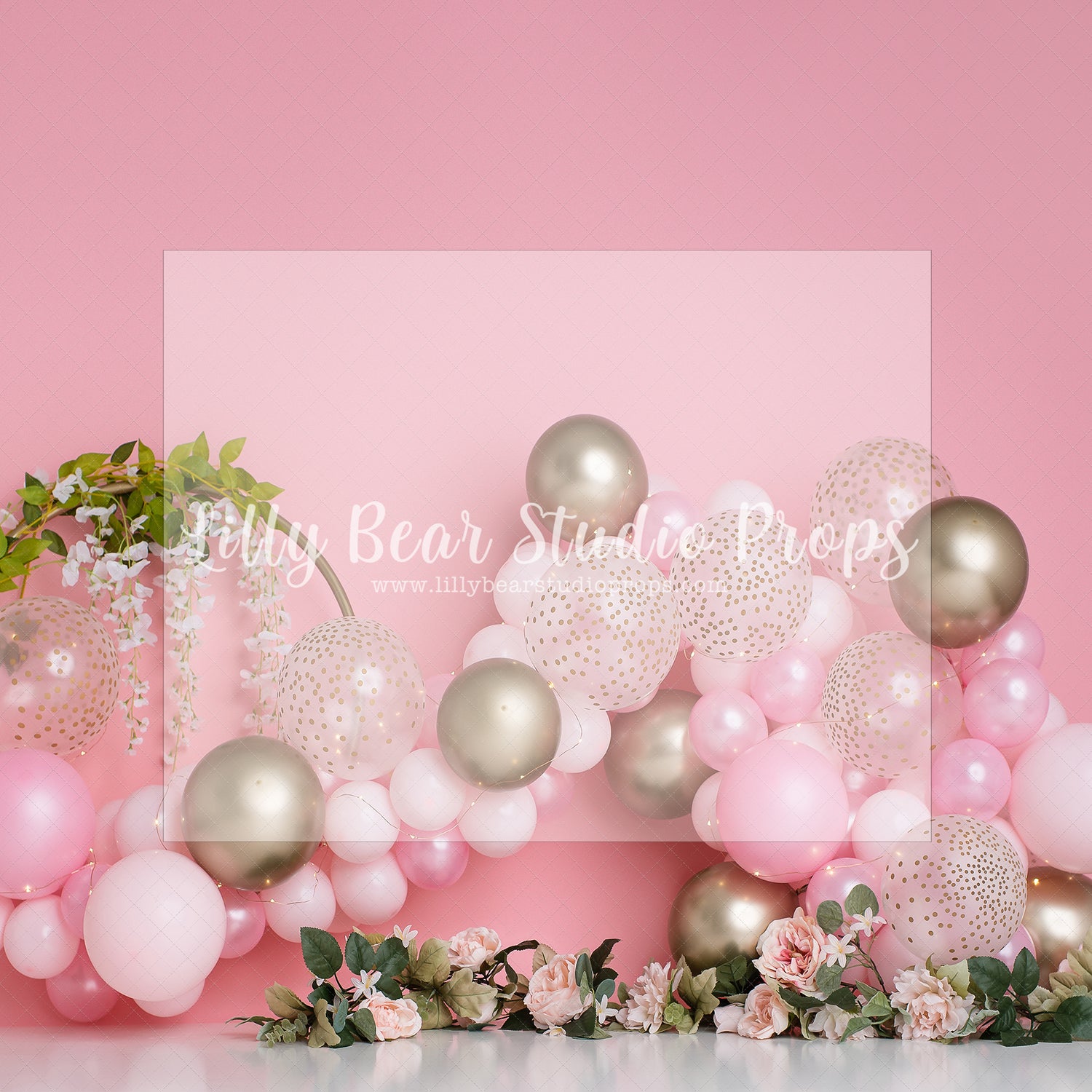 Pink Gold Floral Time by E Newton - Lilly Bear Studio Props, floral balloon garland, floral balloon wall, floral balloons, gold and pink, pink floral, spring floral balloons, white gold and pink