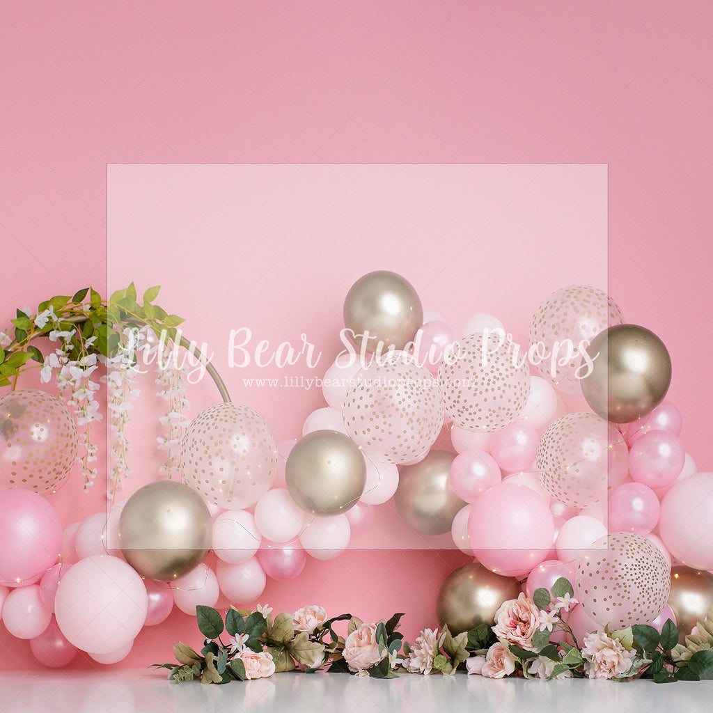Pink Gold Floral Time by E Newton - Lilly Bear Studio Props, floral balloon garland, floral balloon wall, floral balloons, gold and pink, pink floral, spring floral balloons, white gold and pink