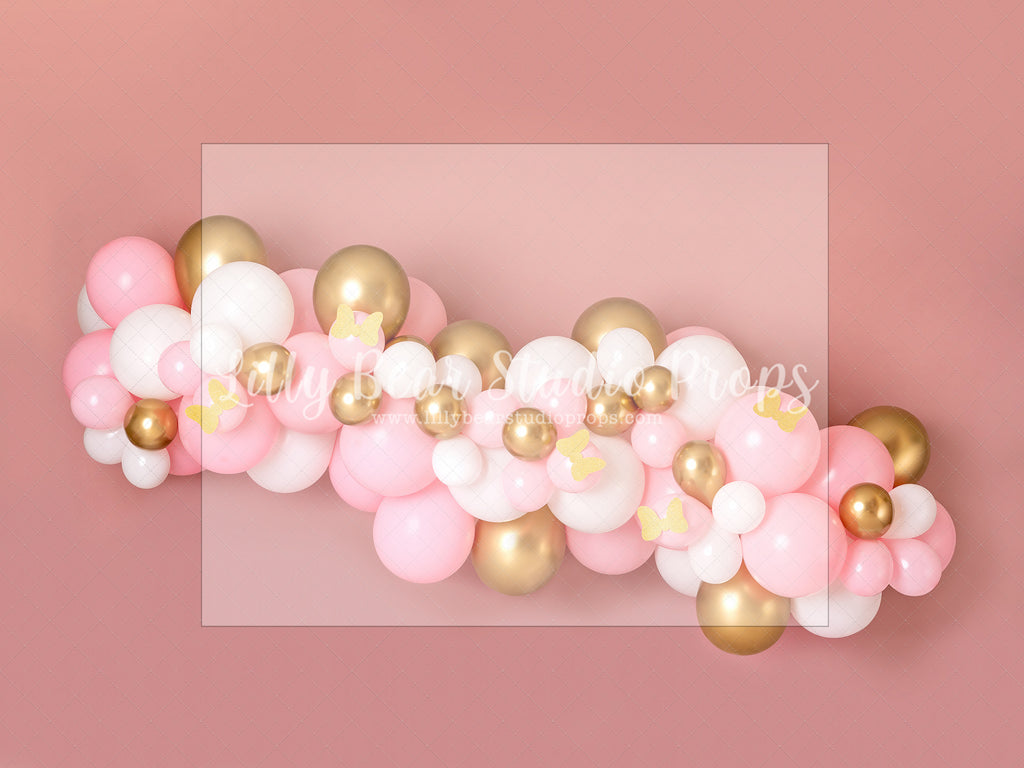 Pink Gold and Bows Balloon Garland - Lilly Bear Studio Props, balloon, balloon garland, bow-tique, bowtique, castle, disney, disney world, disneyland, FABRICS, girl, gold and pink, gold balloons, mickey ears, mickey mouse, minnie, minnie balloons, minnie mouse, minnie mouse balloon garland, minnie mouse bow, minnie's bowtique, ONE, onederland, pink, pink and gold balloons, pink and grey balloons, pink minnie, pink white and gold, princess, winter one derland, winter onederland