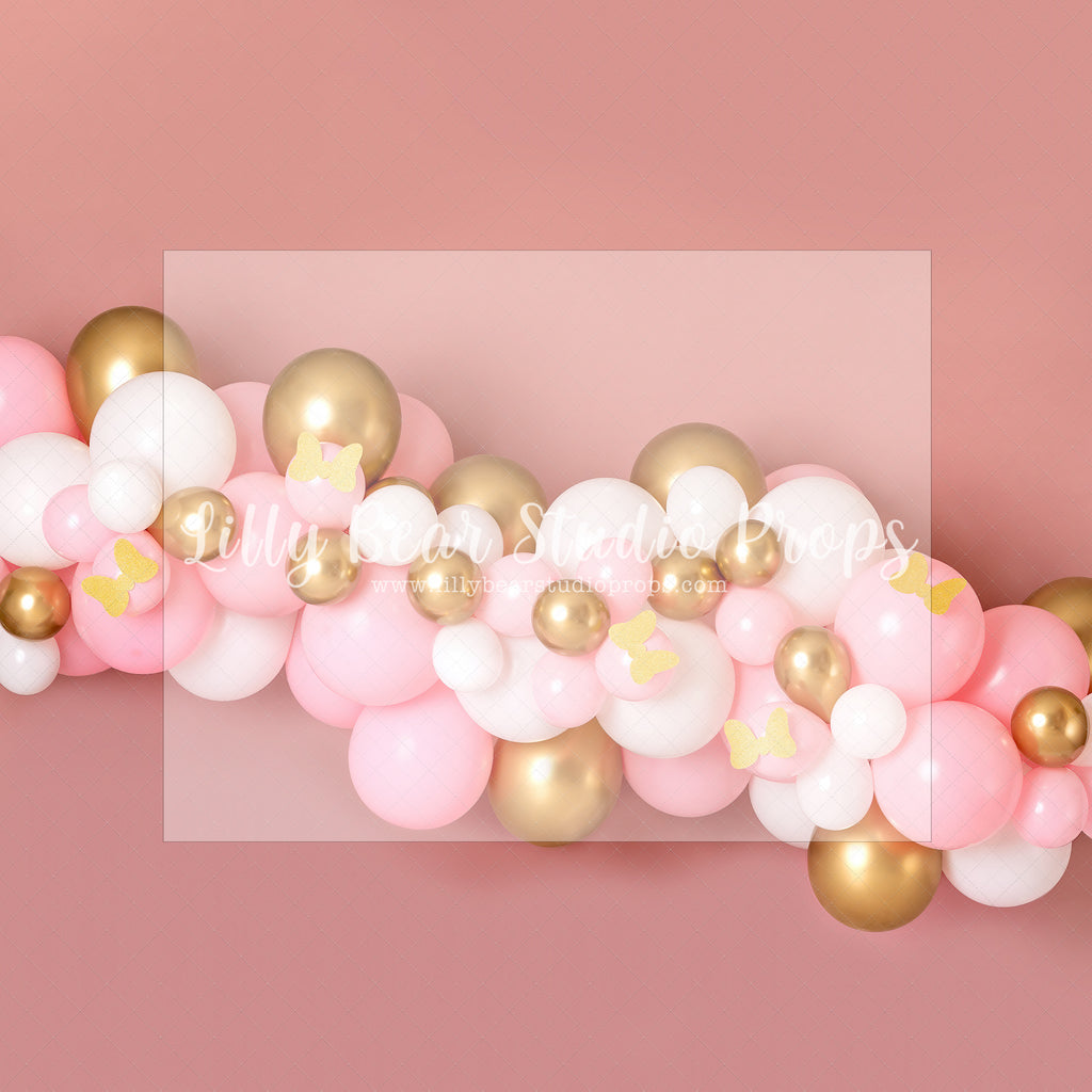 Pink Gold and Bows Balloon Garland - Lilly Bear Studio Props, balloon, balloon garland, bow-tique, bowtique, castle, disney, disney world, disneyland, FABRICS, girl, gold and pink, gold balloons, mickey ears, mickey mouse, minnie, minnie balloons, minnie mouse, minnie mouse balloon garland, minnie mouse bow, minnie's bowtique, ONE, onederland, pink, pink and gold balloons, pink and grey balloons, pink minnie, pink white and gold, princess, winter one derland, winter onederland