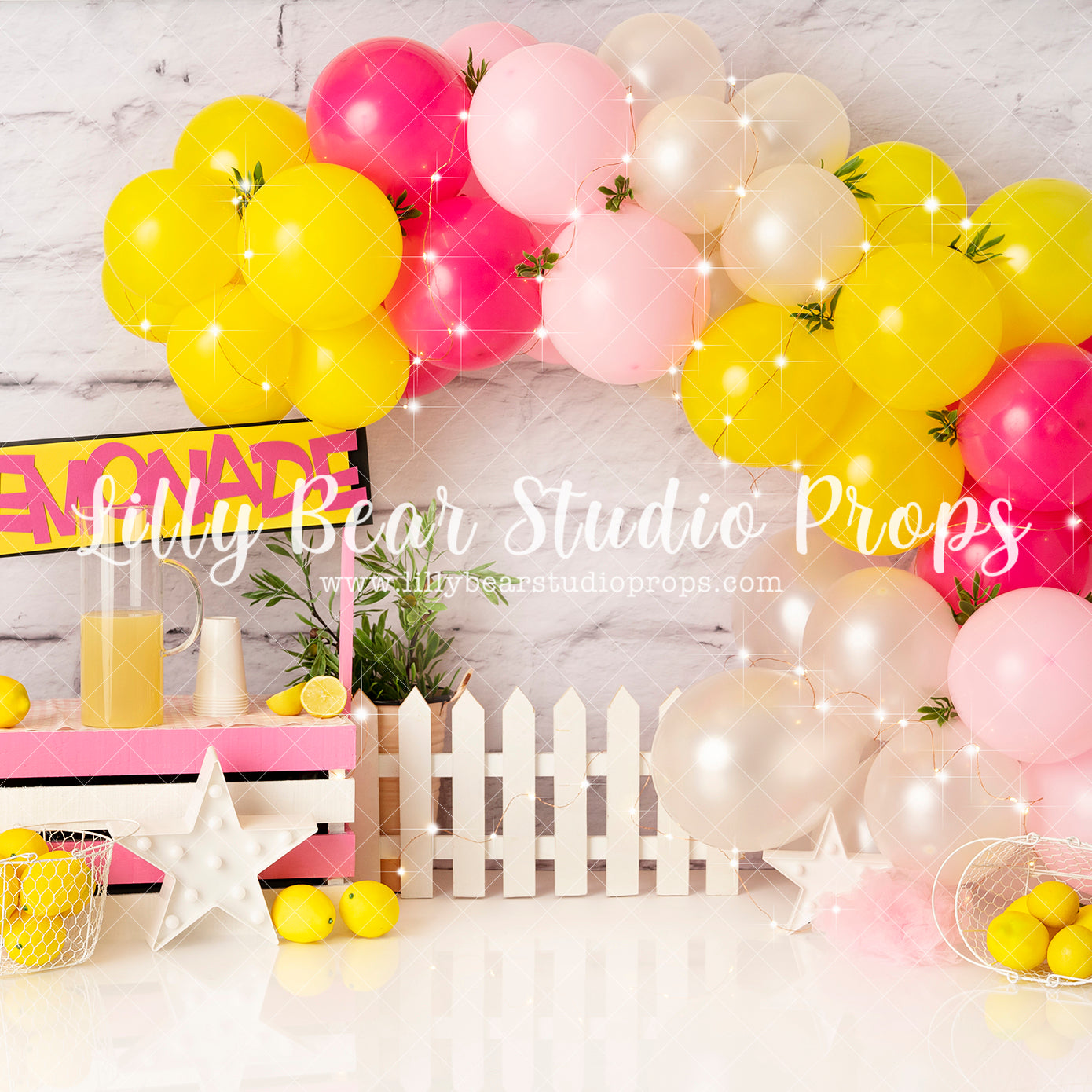 Lemonade Balloon Stand - Lilly Bear Studio Props, balloon garland, lemon, lemon aid, lemon balloon, lemon garden, lemon juice, lemon tree, lemonade, lemonade balloon garland, lemonade booth, lemonade stand, lemonaid stand, lemonaide, lemondae, lemons, pink lemon, pink lemonade, pink lemonaid, pink white, pink yellow, white picket fence, yellow lemonade