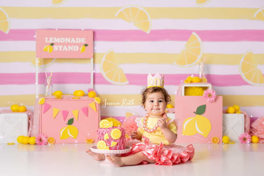 Pink Lemonade Stand - Lilly Bear Studio Props, girls, hand painted, lemons, pink, pink lemonade, stripes, yellow