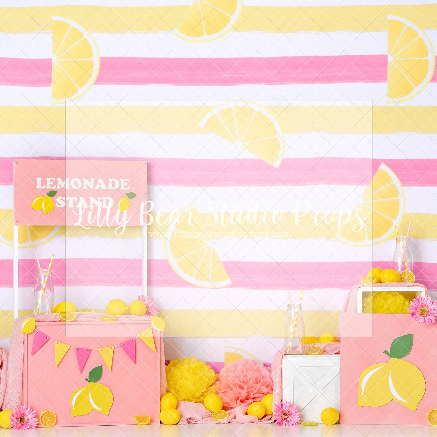 Pink Lemonade Stand - Lilly Bear Studio Props, girls, hand painted, lemons, pink, pink lemonade, stripes, yellow