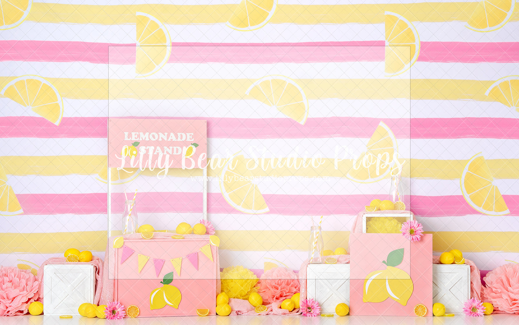 Pink Lemonade Stand - Lilly Bear Studio Props, girls, hand painted, lemons, pink, pink lemonade, stripes, yellow