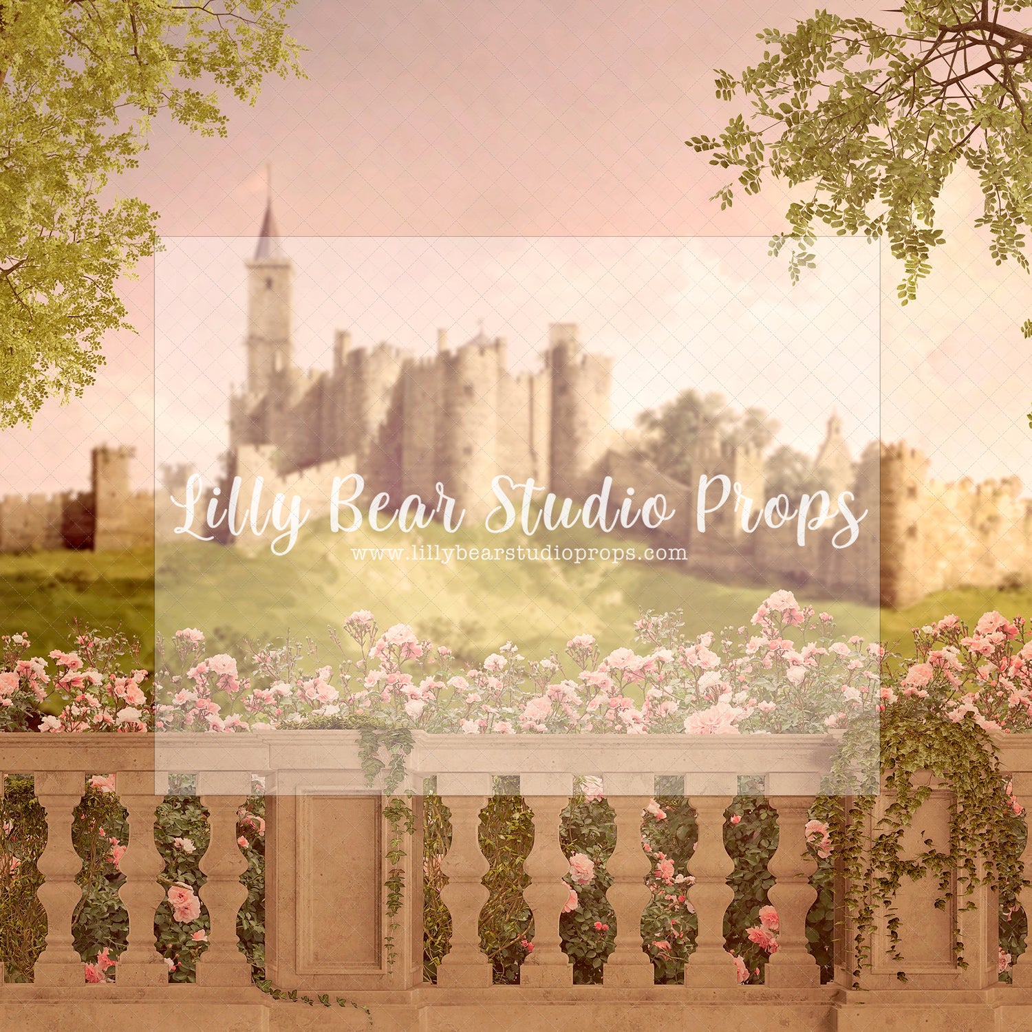 Pink Rose Castle - Lilly Bear Studio Props, castle, castle balcony, castle gate, center park, Fabric, FABRICS, garden, garden path, garden steps, garden walkway, london, park, pink tulips, spring, steps, Wrinkle Free Fabric