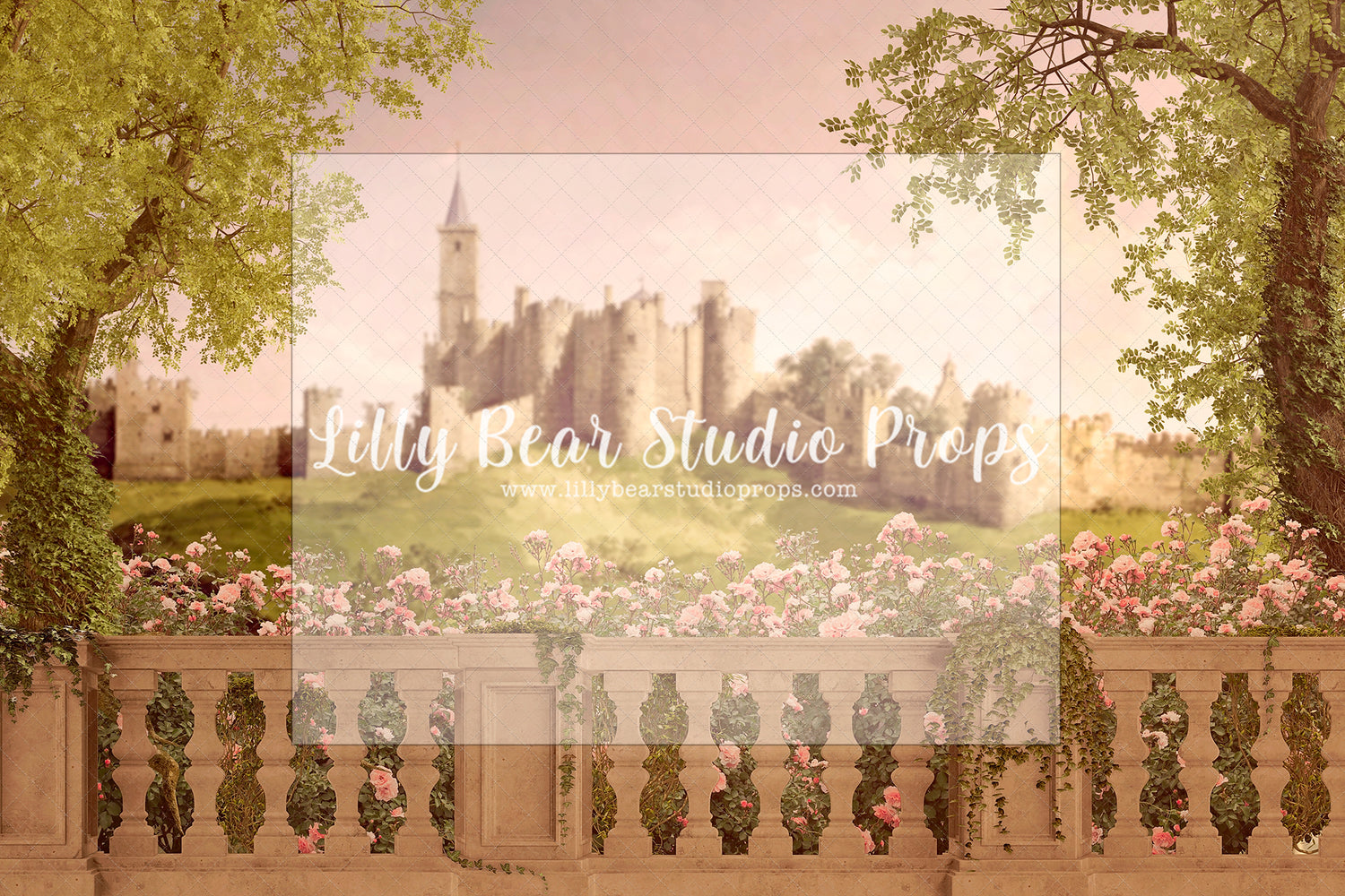 Pink Rose Castle - Lilly Bear Studio Props, castle, castle balcony, castle gate, center park, Fabric, FABRICS, garden, garden path, garden steps, garden walkway, london, park, pink tulips, spring, steps, Wrinkle Free Fabric