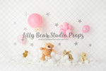 Pink Teddies up up and away - Lilly Bear Studio Props, pink balloon, pink balloon garland, pink balloons, pink hot air balloon, silver star, silver stars, teddy, teddy balloons, teddy bear, teddy bear picnic, teddy bears, teddys