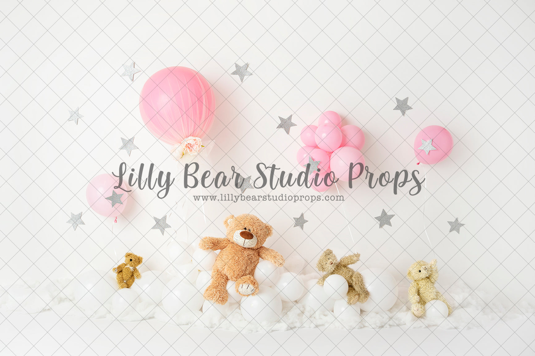 Pink Teddies up up and away - Lilly Bear Studio Props, pink balloon, pink balloon garland, pink balloons, pink hot air balloon, silver star, silver stars, teddy, teddy balloons, teddy bear, teddy bear picnic, teddy bears, teddys