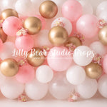 Pink, White & Gold Balloon Flower Wall - Lilly Bear Studio Props, balloon, balloon garland, blooming flowers, bright flowers, cake smash, colourful flowers, FABRICS, floral, girl, gold balloons, pink, pink and gold, pink and white, pink balloons, pink floral, pink flower, pink flowers, vintage, vintage floral, white balloons